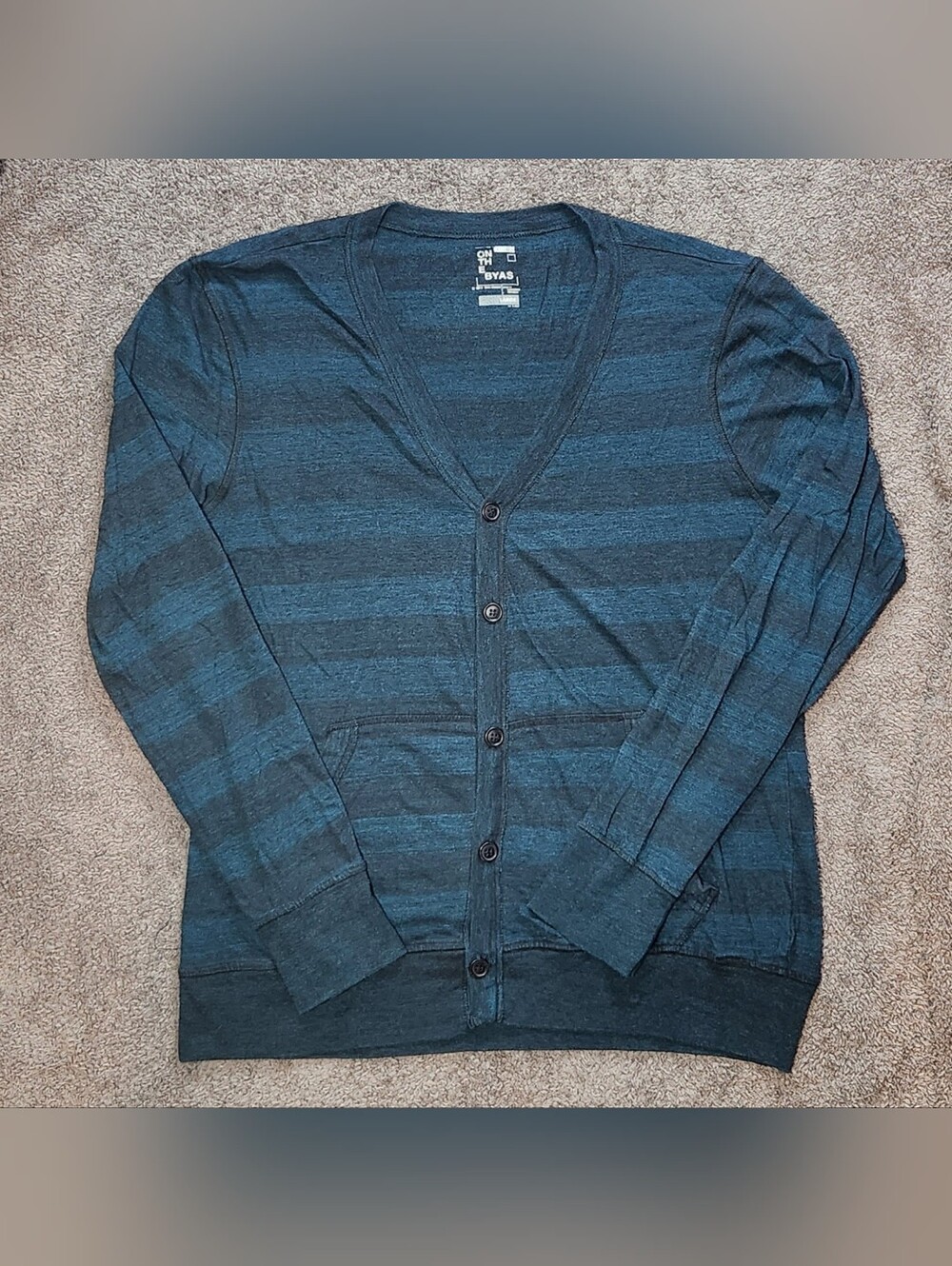 Vintage Dark Teal & Black Striped On The Byas Cardigan Sweater VTG